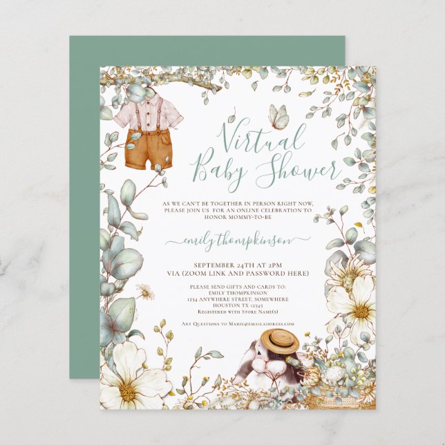 Convite para Chás de fraldas Virtuais de Coelho do (Frente/Verso)