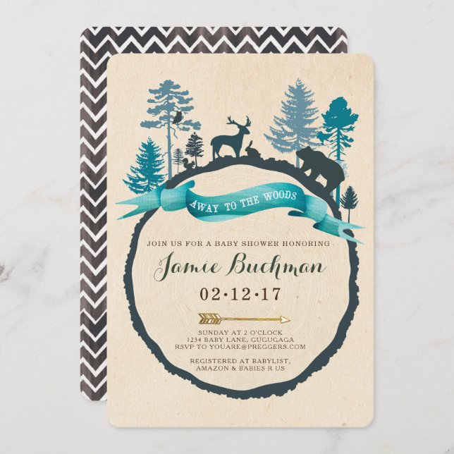 Convite para Chás de fraldas Woodland (Frente/Verso)