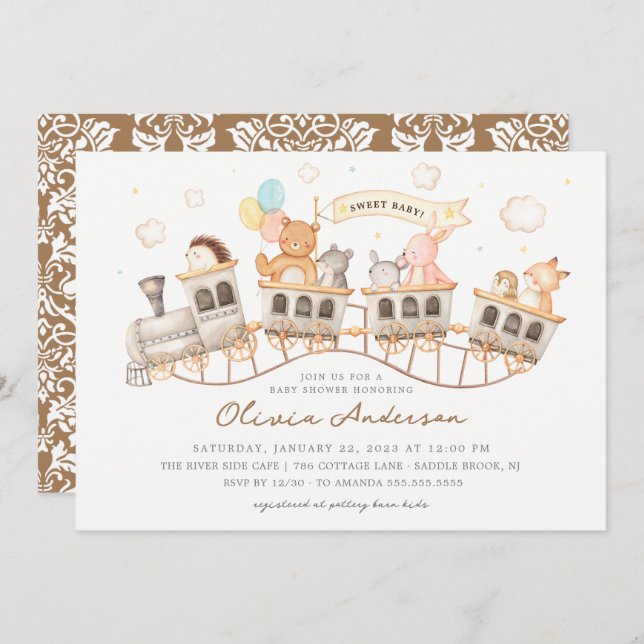 Convite para Chás de fraldas Woodland Express (Frente/Verso)