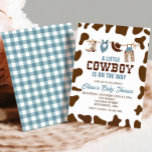 Convite para Chás de fraldas Xadrezes Azuis de Cow<br><div class="desc">Um cowboy está a caminho! Western Cowboy temia chá de fraldas com xadrez azul.</div>