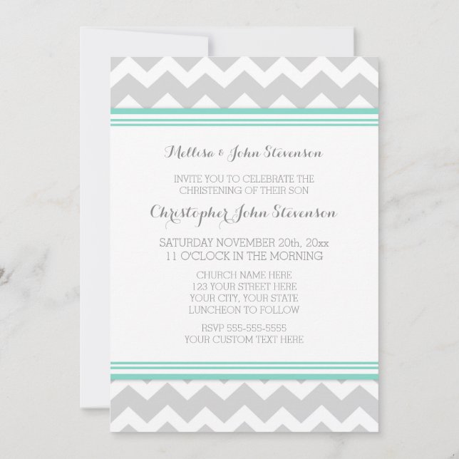 Convite para Christening da Cinza Teal Chevron (Verso)