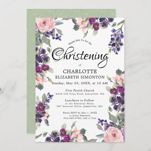 Convite para Christening Floral Roxo de Plum Blush (Frente/Verso)