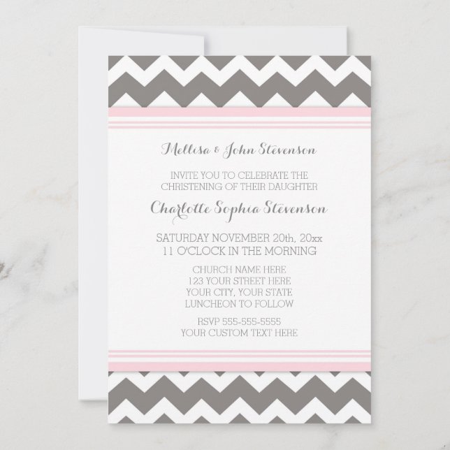 Convite para Christening na Cinza Rosa Chevron (Verso)