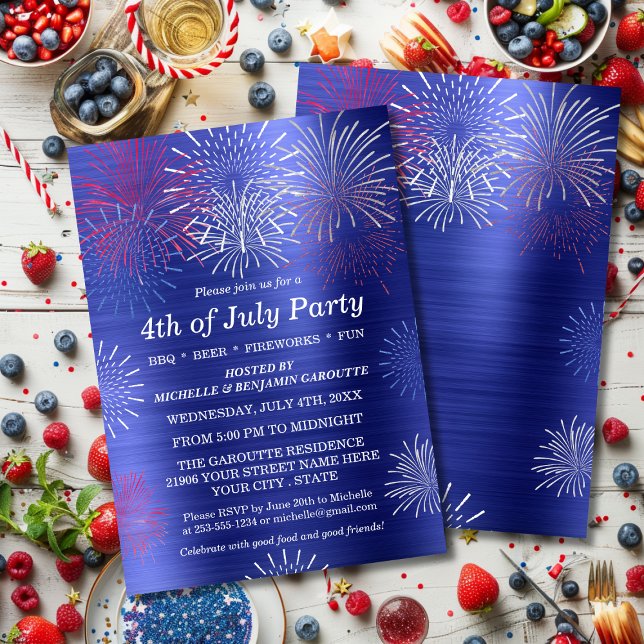 Convite para CHURRASCO do Fireworks Azul Moderno e (Modern Blue 4th of July Fireworks BBQ Invitation)