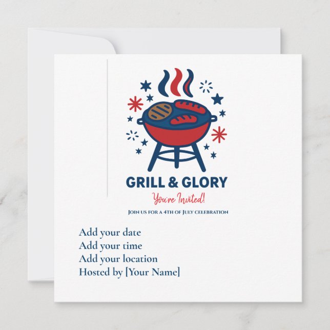 Convite para CHURRASCO em 4 de julho - Branco verm (Frente)