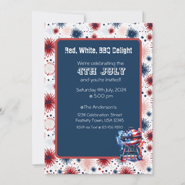 Convite para CHURRASCO Fireworks em 4 de julho (Frente)