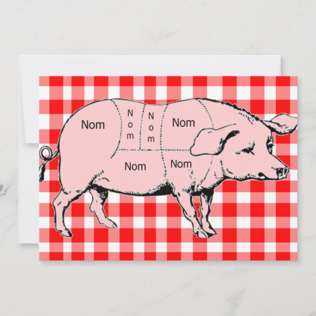 Convite Para CHURRASCO Gingham Nom Pig (Frente)