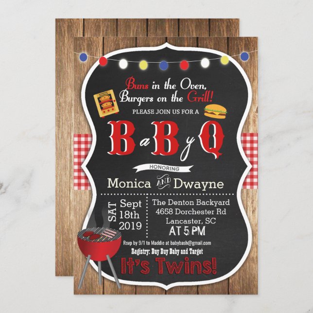 Convite para CHURRASCO para Casais Twin Baby Q Bab (Frente/Verso)