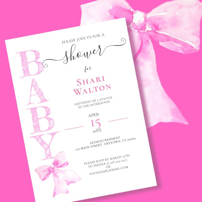 Convite para CHUVA DE BEBÊ MENINA COM FITA ROSA (Cute Pink Ribbon Girl Baby Shower Invitation)