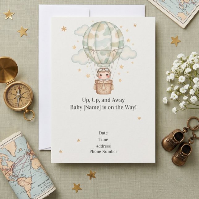 Convite para Chuveiro de Bebê do Exército Camo - F (Up Up and Away Military Baby Shower Invitation | Camo Hot Air Balloon Announcement)