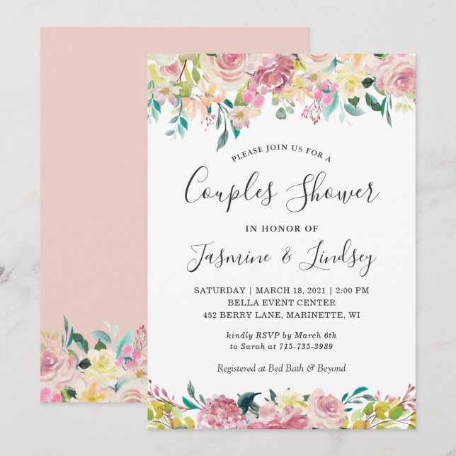 Convite para Chuveiro de Casais com Floral Pastel  (Frente/Verso)