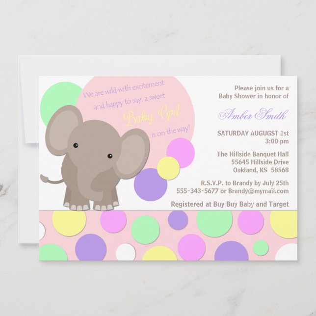 Convite para Chuveiro de Elefante Menina Bebê (Frente)