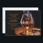 Convite para Cigarro e Conhaque<br><div class="desc">Convite de um homem para celebrar o aniversário,  aprovação no exame da Ordem,  despedida de solteiro e mais.  O cartão apresenta fumaça saindo de um charuto aceso ao lado de um copo de conhaque ou brandy.</div>