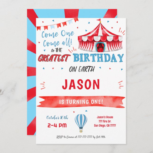 Convite para Circo Azul e Vermelho Cor da Água (Frente/Verso)