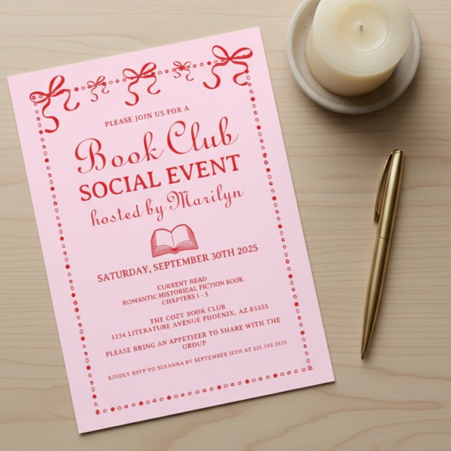 Convite para Clube do Livro Rosa Coquette Desenhad (please remove the background and create a mockup style with this invitation on a light natural wood )