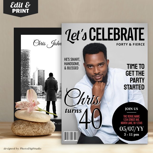 Convite para Cobrir da Revista Birthday | Convidar (Birthday Magazine Cover Invitation | Modern Invite)