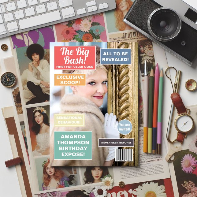 Convite para Cobrir da Revista de Aniversário Retr (Retro Magazine themed Birthday Party invitation)