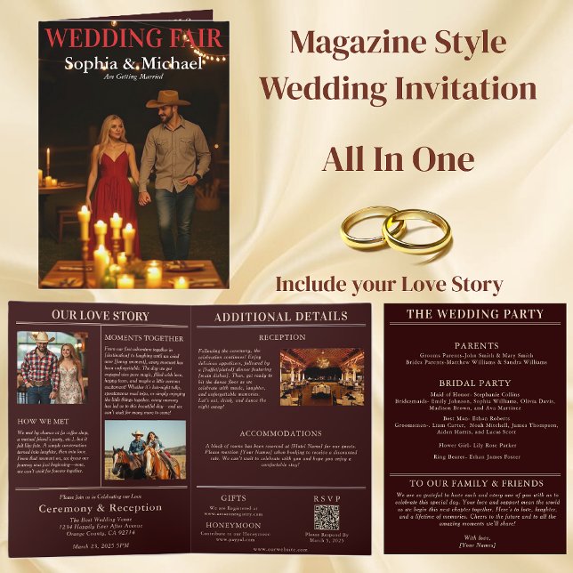 Convite para Cobrir da Revista de Casamento (Wedding Country Magazine Cover Invitation All in One)