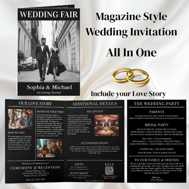 Convite para Cobrir da Revista de Casamento Negro  (Black and White Wedding Magazine Cover Invitation-All in One)