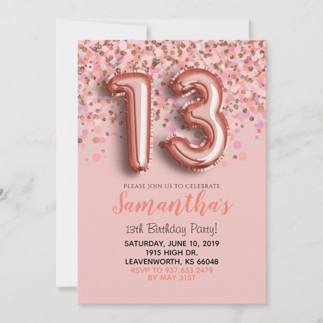 Convite para Confetti de Rosa de Aniversário de 13 (Frente)