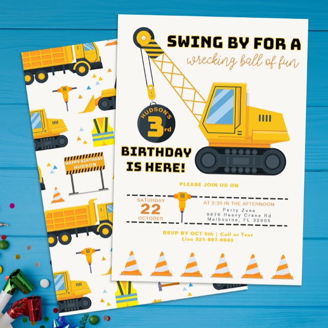 Convite para Construção de aniversário de 3 anos (Construction Vehicle Birthday Invite)