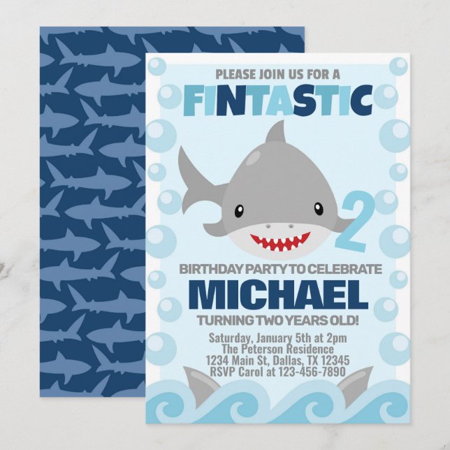 Convite para Convite de aniversário de tubarão (Frente/Verso)