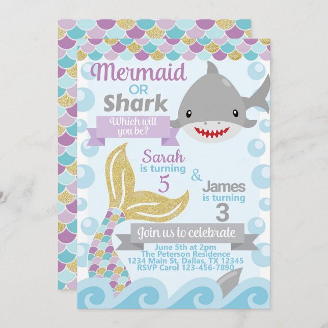 Convite para Convite de aniversário Mermaid Shark (Frente/Verso)
