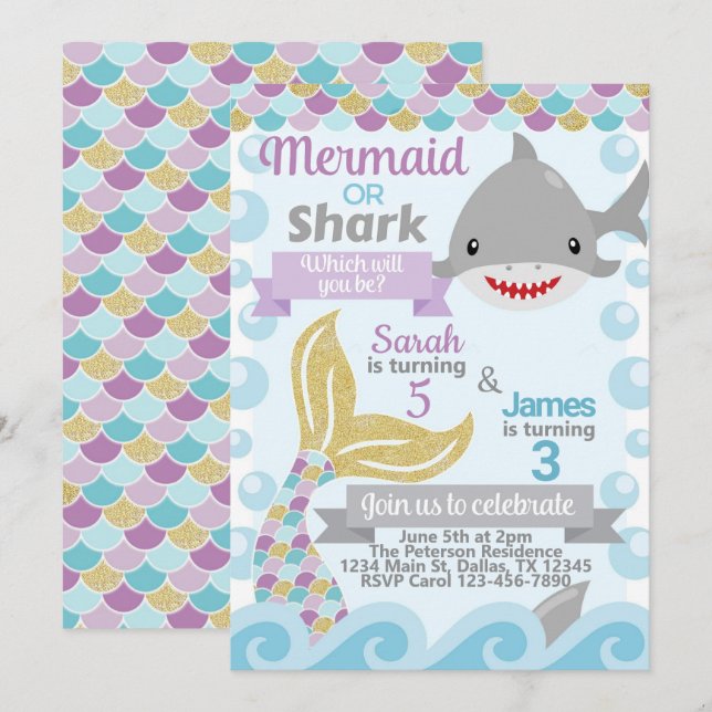 Convite para Convite de aniversário Mermaid Shark (Frente/Verso)