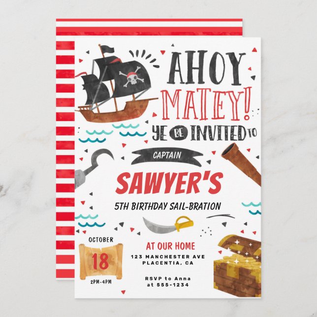 Convite para crianças de Festa de aniversário pira (Frente/Verso)