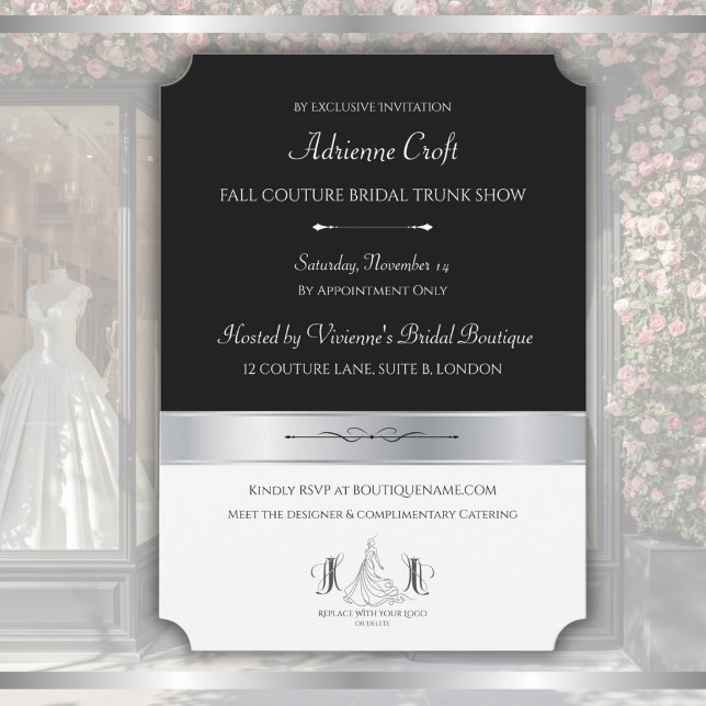 Convite para Desfile de Noivas em Loja de Luxo (Luxury bridal boutique trunk show invitation template with modern black & silver color blocking.)