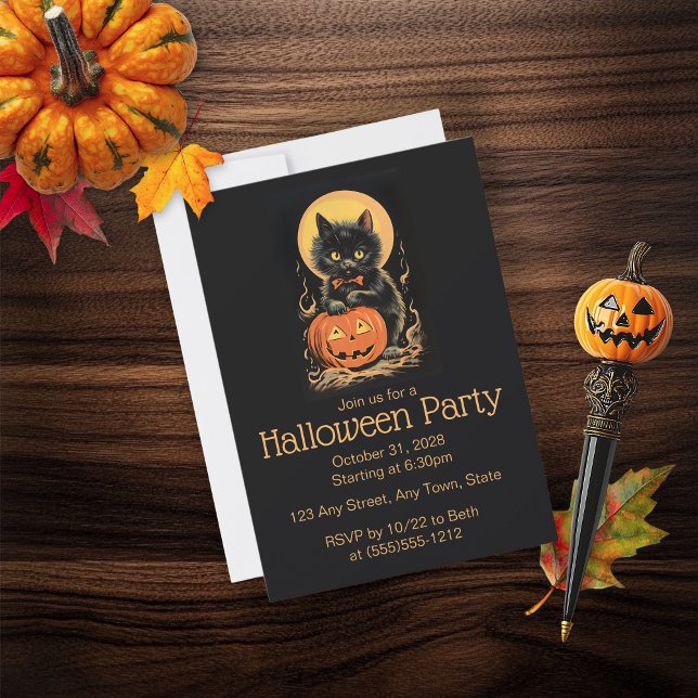 Convite para Dia das Bruxas de Gato Negro e Laranj (Cute Cat Halloween Party Invitation)