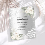 Convite para diamantes de prata e prata<br><div class="desc">Para uma elegante festa de aniversário 60º (ou qualquer idade). Um fundo de aparência pura prateada decorado com flores brancas,  rosas,  diamantes falsos e rendas brancas. Personalize e adicione seu nome e detalhes da festa. 1 folha = 1 convite impresso de borda a borda.</div>