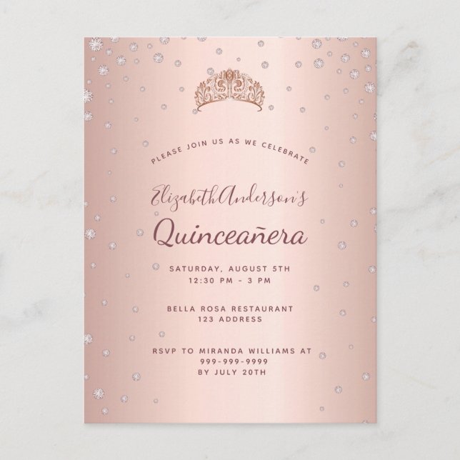 Convite para diamantes de rosa de Quinceanera (Frente)