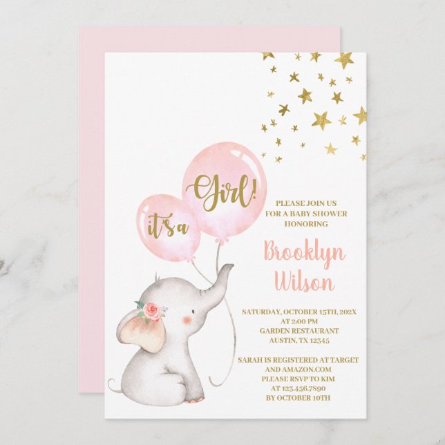 Convite para elefante chá de fraldas (Frente/Verso)