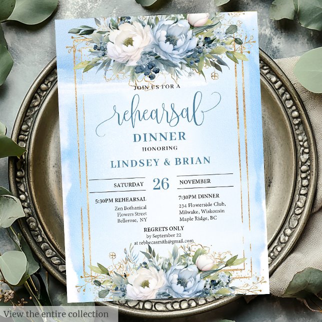 Convite para ensaio de ensaio de cor azul-poeirent (Classic Dusty Blue White Floral Rehearsal Invitation)