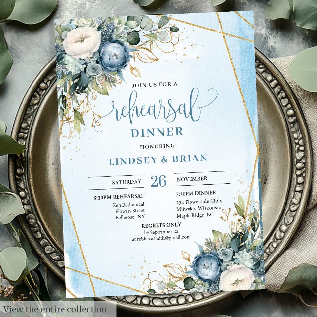 Convite para ensaio de Eucalipto Azul Dusty com Aq (Watercolor Dusty Blue Eucalyptus Rehearsal Invite)