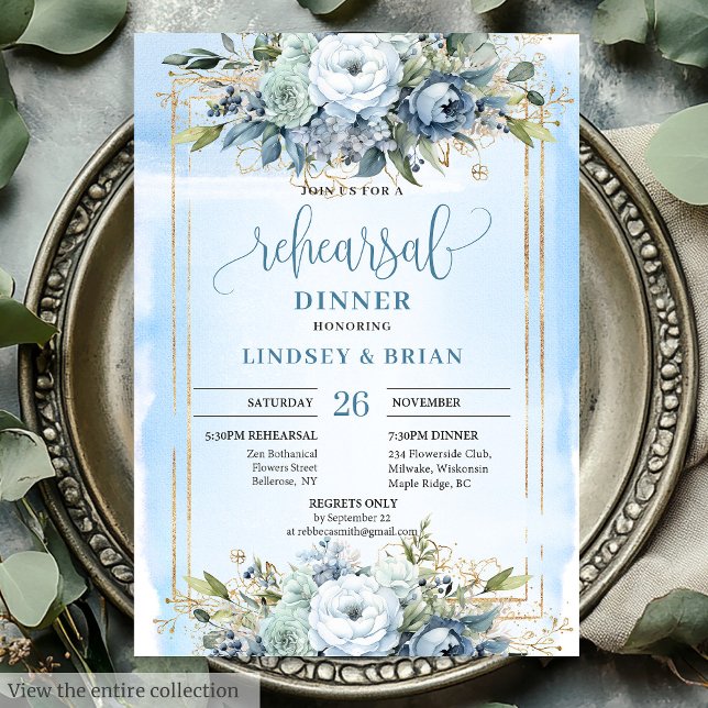 Convite para ensaio de quadros Dourados azuis de l (Luxury Dusty Blue Gold Frame Rehearsal Invitation)