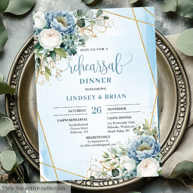 Convite para ensaio de quadros Dourados azuis mode (Modern Dusty Blue Gold Frame Rehearsal Invitation)