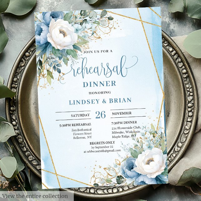 Convite para ensaio Dourado Floral Azul Dusty com  (Watercolor Dusty Blue Floral Gold Rehearsal Invite

)