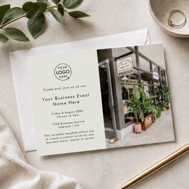 Convite para Evento Empresarial | Cartões de Convi (Gray corporate networking invitation with logo and photo layout for polished business events.)