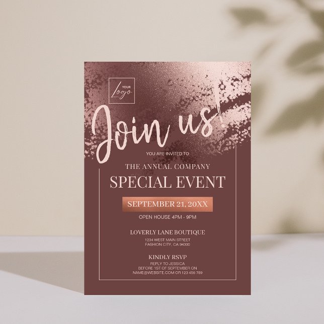 convite para evento especial da empresa de na moda (Stylish bronze editable business gala invite)