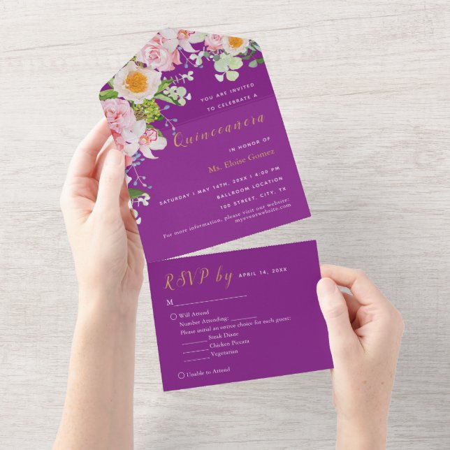Convite para eventos RSVP Floral Roxo (Aba destacável)