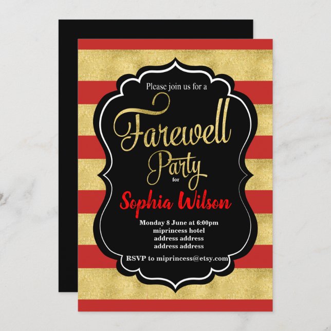 Convite para Farewell Party Dourado (Frente/Verso)