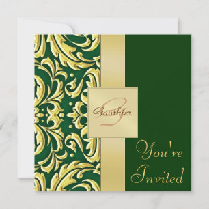 Convite para Feriado Verde Dourado Damask Metal