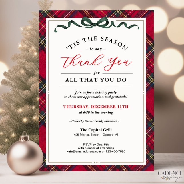 Convite para Férias Corporativas - Muito obrigado, (Company Holiday Party invitation with classic red plaid and a thank you message to show gratitude)