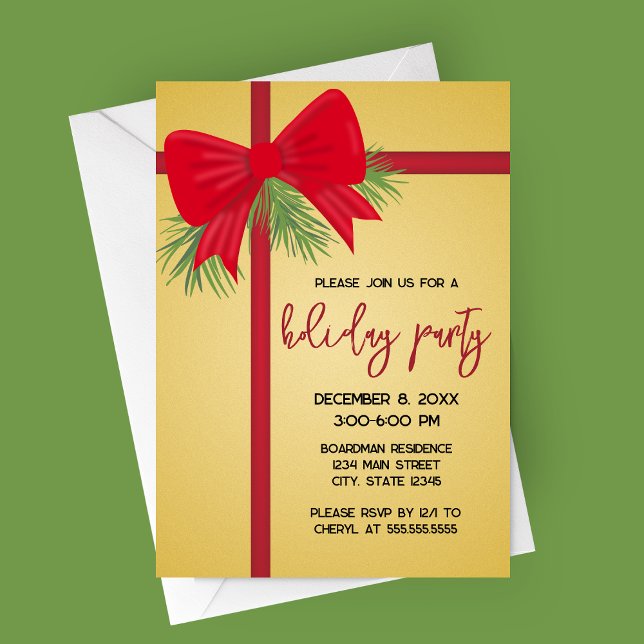 Convite para Férias do Arco Vermelho e Dourado Ele (Gift Wrapped Gold and Red Bow Holiday Party Invitation | Christmas Party Invitation)