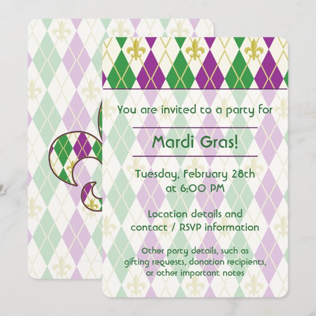 Convite para Festa Argyle de Mardi Gras (Frente/Verso)