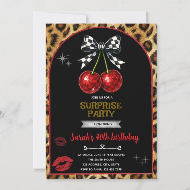 Convite para festa Cherry Leopard (Frente)