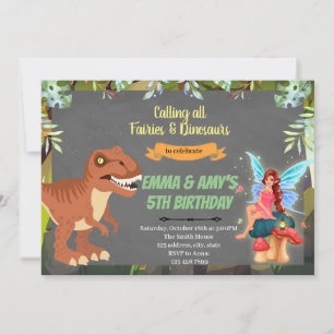 Convite para festa conjunta de fada e dinossauro