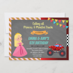 Convite para festa conjunta de princesa e caminhão